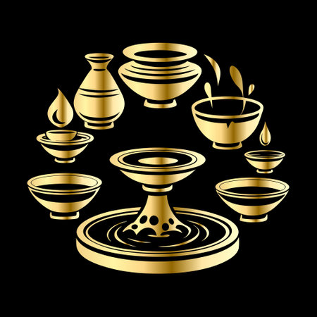 Vector set of gold diwali diya on black background.のイラスト素材