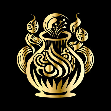 Golden vase with floral ornament on black background. Vector illustration.のイラスト素材