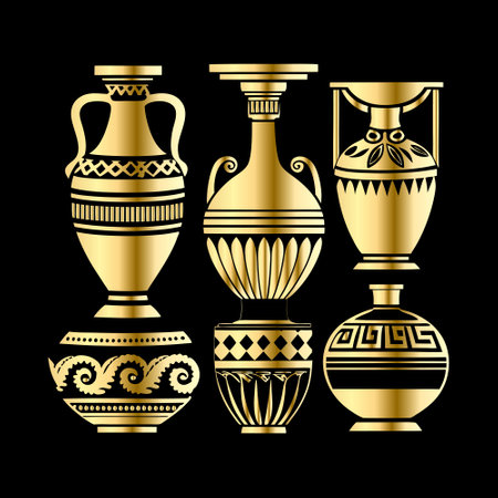 Set of ancient Greek vases. Vector illustration isolated on black background.のイラスト素材