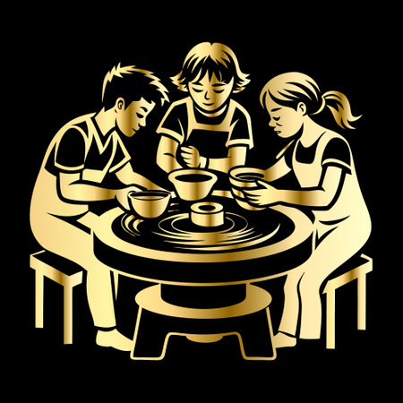 Group of people making pottery on pottery wheel graphic vector.のイラスト素材