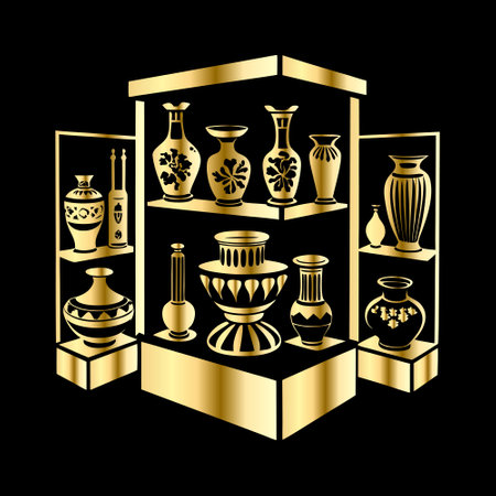 Antique vases on the shelf. Vector illustration in gold color.のイラスト素材