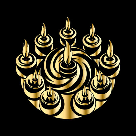 Gold candles on a black background. Vector illustration for your design.のイラスト素材