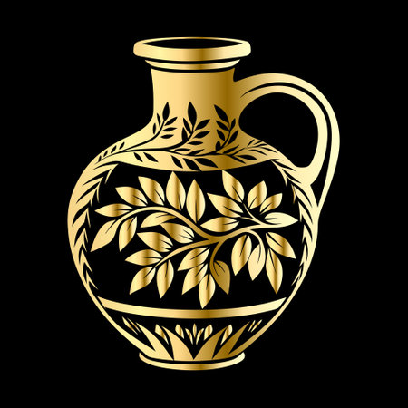 Ancient Greek vase with olive branch on black background. Vector illustration.のイラスト素材