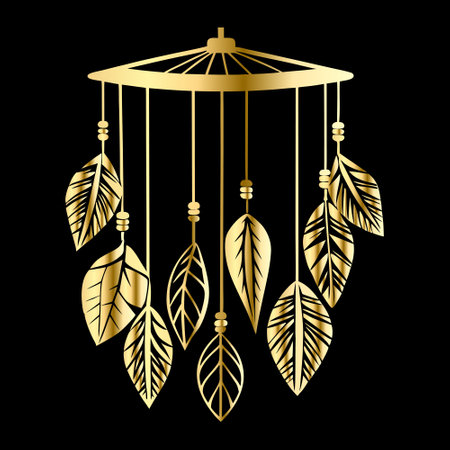 Golden dreamcatcher with feathers on black background. Vector illustration.のイラスト素材