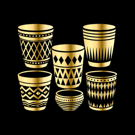 Vector set of decorative golden ethnic drums. Isolated on black background.のイラスト素材