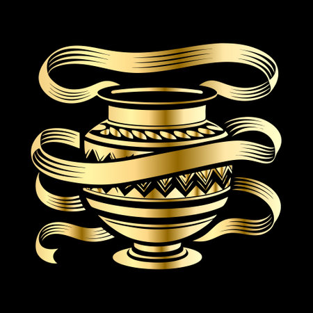 Ceramic vase with gold ribbon on black background. Vector illustration.のイラスト素材