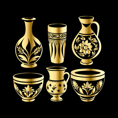 Vector set of vases with floral ornament. Isolated on black background.のイラスト素材