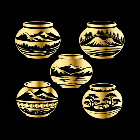 Set of round terracotta pots with mountains and trees, vector illustrationのイラスト素材