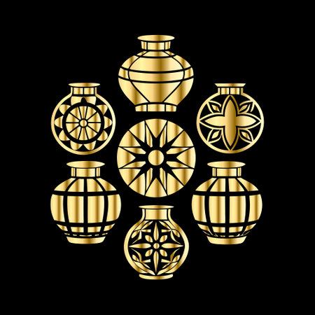 Vector set of golden decorative vases isolated on black background. Vector illustration.のイラスト素材