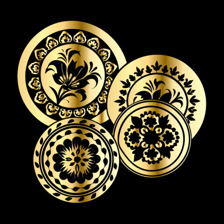 Vector set of gold round frames with floral pattern on black background.のイラスト素材