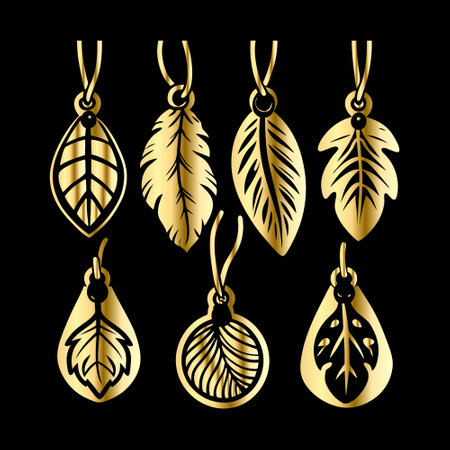 Set of golden earrings with feathers. Vector illustration isolated on black background.のイラスト素材