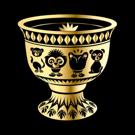 Golden vase with a picture of a monkey on a black backgroundのイラスト素材