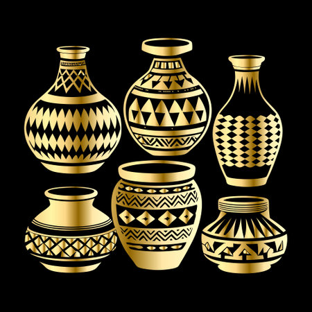 Set of ethnic vases. Vector illustration isolated on black background.のイラスト素材