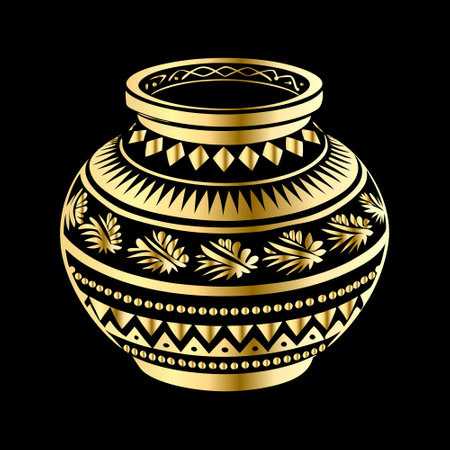 Golden vase with floral ornament on black background. Vector illustration.のイラスト素材