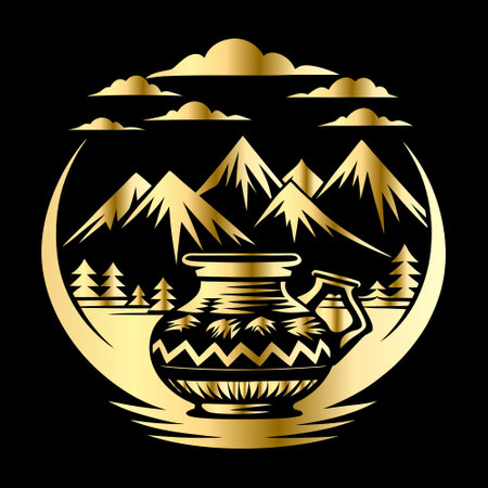 Vase and mountains. Vector illustration of a vase on a black background.のイラスト素材