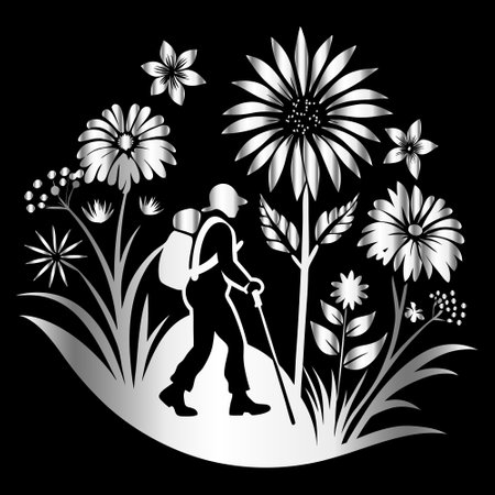 Hiking with a backpack and flowers on a black background. Vector illustration.のイラスト素材