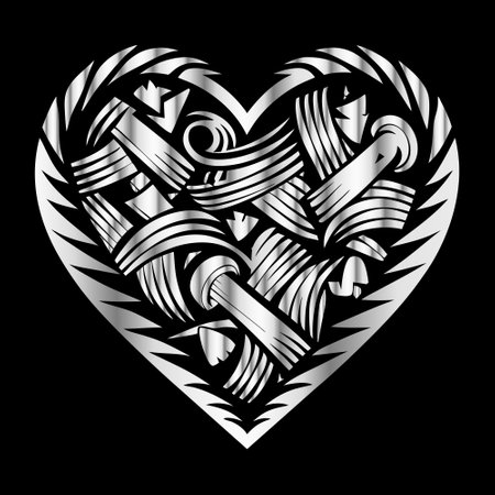 Vector illustration of silver heart with abstract pattern on a black background.のイラスト素材