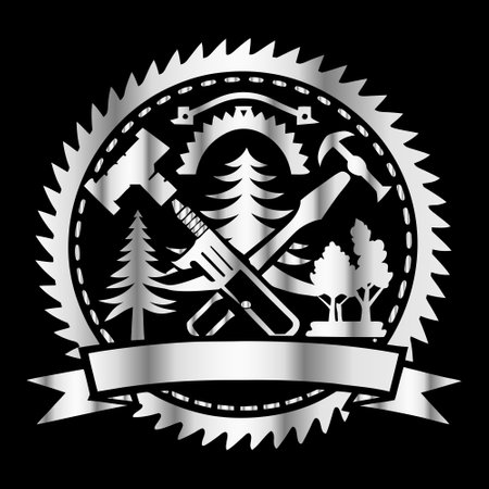 Crossed hammer, wrench, pine tree and ribbon. Vector illustration.のイラスト素材