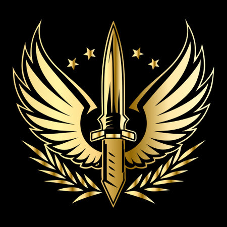 Sword with wings and laurel wreath on black background. Vector illustration.のイラスト素材