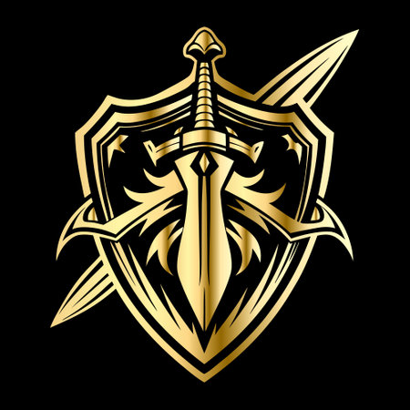 Sword and shield heraldic vector design. Heraldic coat of arms decorative emblem.のイラスト素材