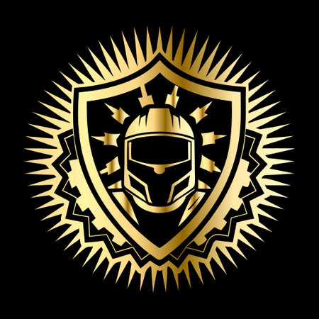 Heraldic emblem with protective helmet, vector illustration on black background.のイラスト素材