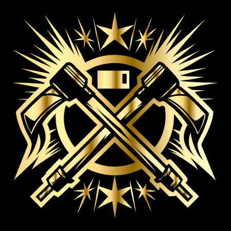 Crossed axes and shield. Heraldic Coat of Arms, vintage vector emblem isolated on black background.のイラスト素材