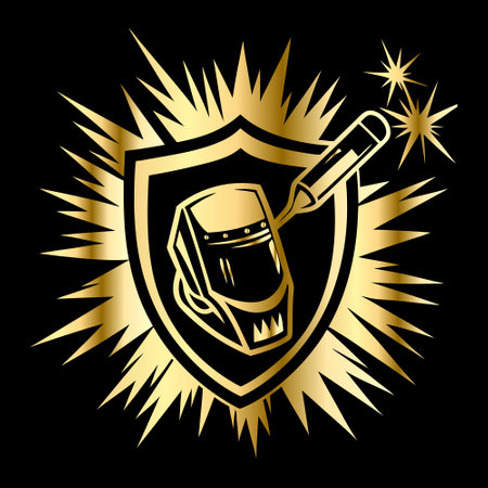 Vector illustration of a gold shield with a welding torch on a black background.のイラスト素材