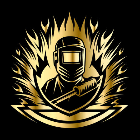 Welder with torch in the fire. Vector illustration on black background.のイラスト素材