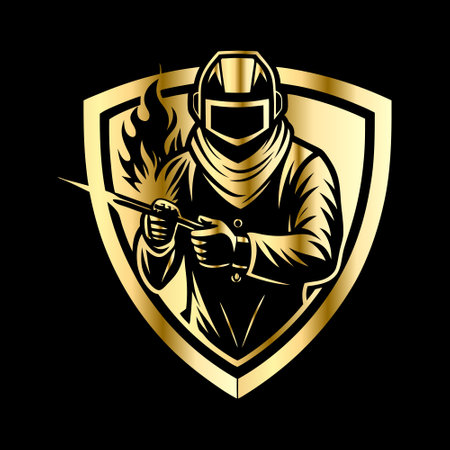 Welder with torch in the shield. Vector illustration on black background.のイラスト素材