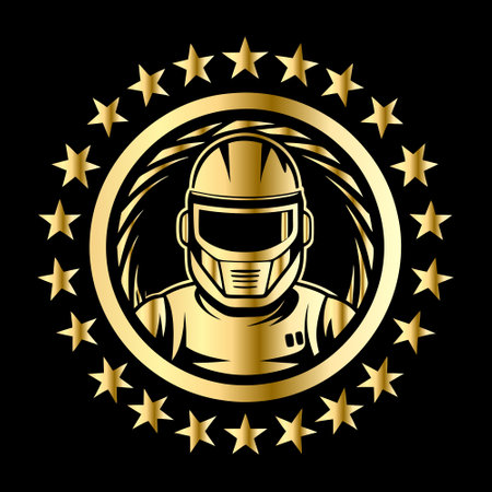 Racing helmet in circle with stars, vector illustration on black background.のイラスト素材