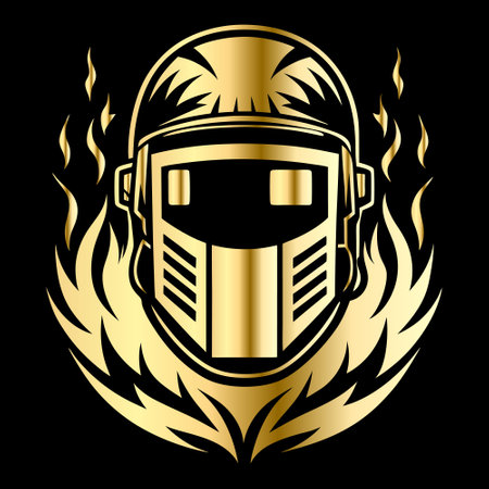 Fire fighter helmet with fire flame on black background. Vector illustration.のイラスト素材