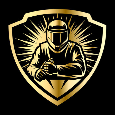 Vector illustration of a racing car driver on a black background with shield.のイラスト素材