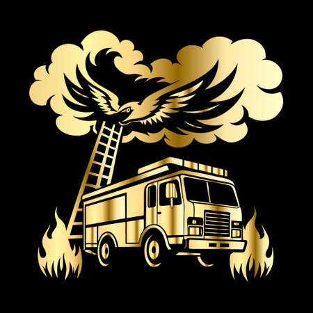 Fire truck with flame and eagle on black background. Vector illustration.のイラスト素材