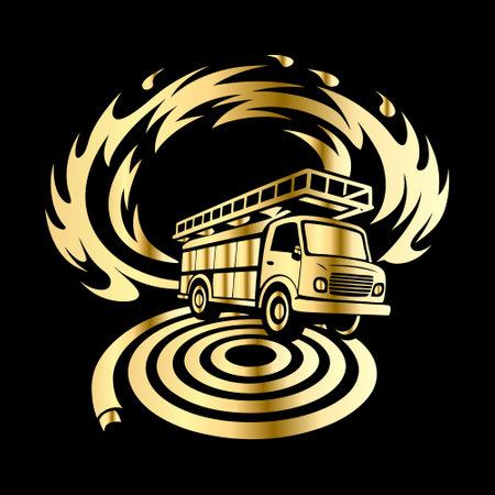 Fire truck with fire hose on a black background. Vector illustration.のイラスト素材