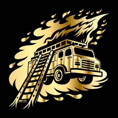 Fire truck with ladder and flame. Vector illustration on black background.のイラスト素材