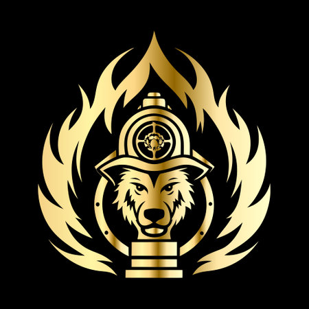 Lion head with compass and fire flame. Vector illustration on black background.のイラスト素材