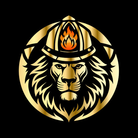 Lion head with fire flame on a black background. Vector illustration.のイラスト素材