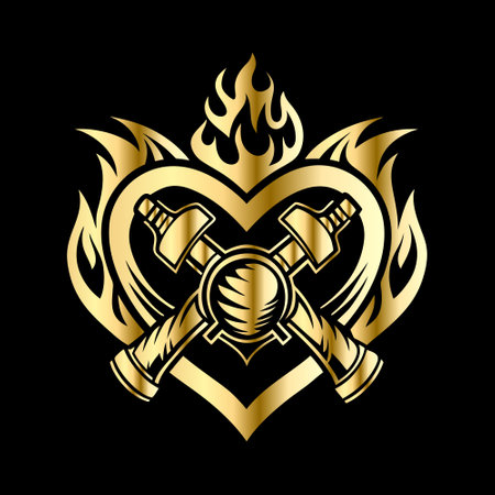 Crossed axes and heart with flame on black background. Vector illustration.のイラスト素材