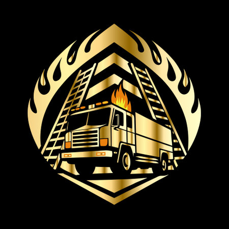 Truck with fire protection emblem, vector illustration on black background.のイラスト素材