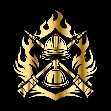 Firefighting emblem, vintage style vector emblem created using fire extinguisher and axes.のイラスト素材
