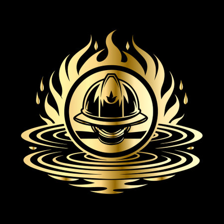 Firefighter emblem with helmet and fire flames on black background. Vector illustration.のイラスト素材