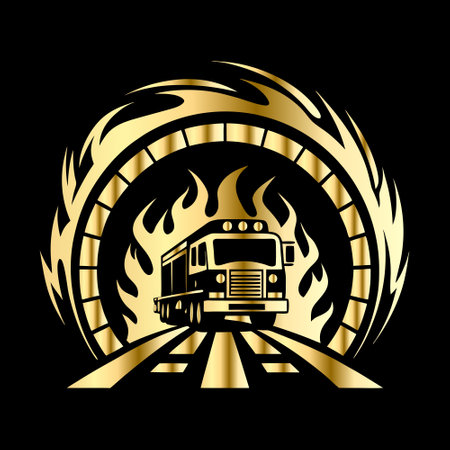 Fire truck in round frame on black background. Vector illustration. Eps 10.のイラスト素材