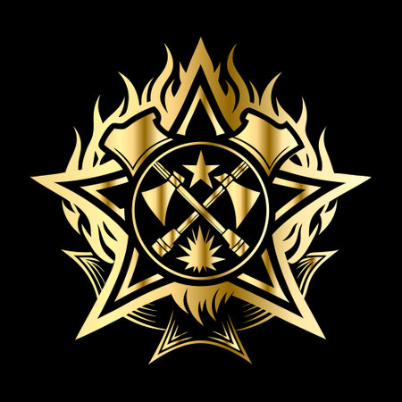 Crossed axes and pentagonal star. Heraldic vector design element. Retro style label, heraldry logo.のイラスト素材