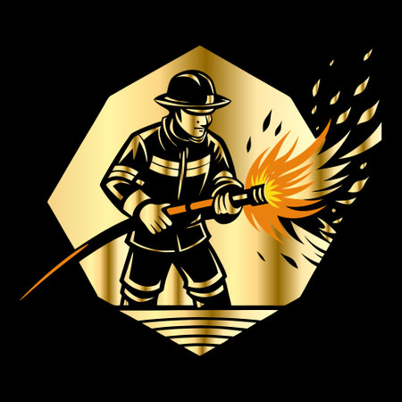 Firefighter with a torch on a black background. Vector illustration.のイラスト素材
