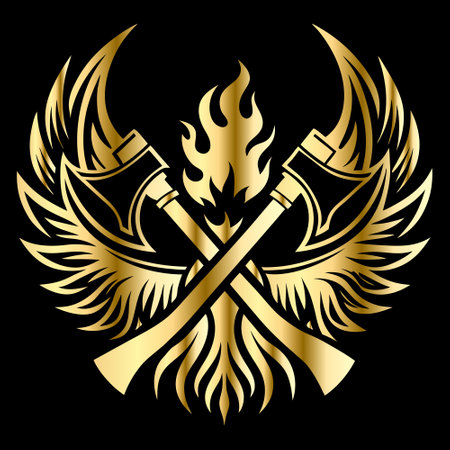 Crossed axes with wings and flame on black background. Vector illustration.のイラスト素材