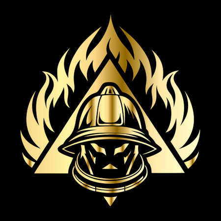Firefighter helmet with fire flame on black background. Vector illustration.のイラスト素材