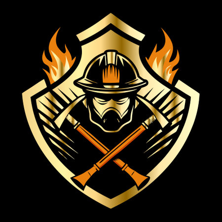 Firefighter emblem with axes and helmet on black background. Vector illustration.のイラスト素材