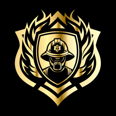 Firefighter emblem vector template. Fireman badge, label, logo design.のイラスト素材