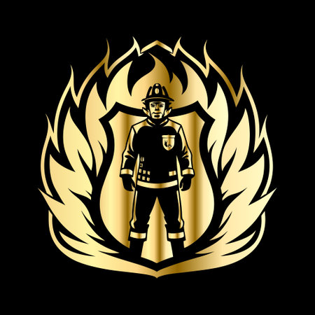 Firefighter on fire flame emblem. Vector illustration for your design.のイラスト素材