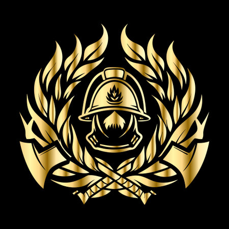 Fire department emblem created using laurel wreath and flame. Heraldic Coat of Arms, vintage vector logo isolated on black background.のイラスト素材